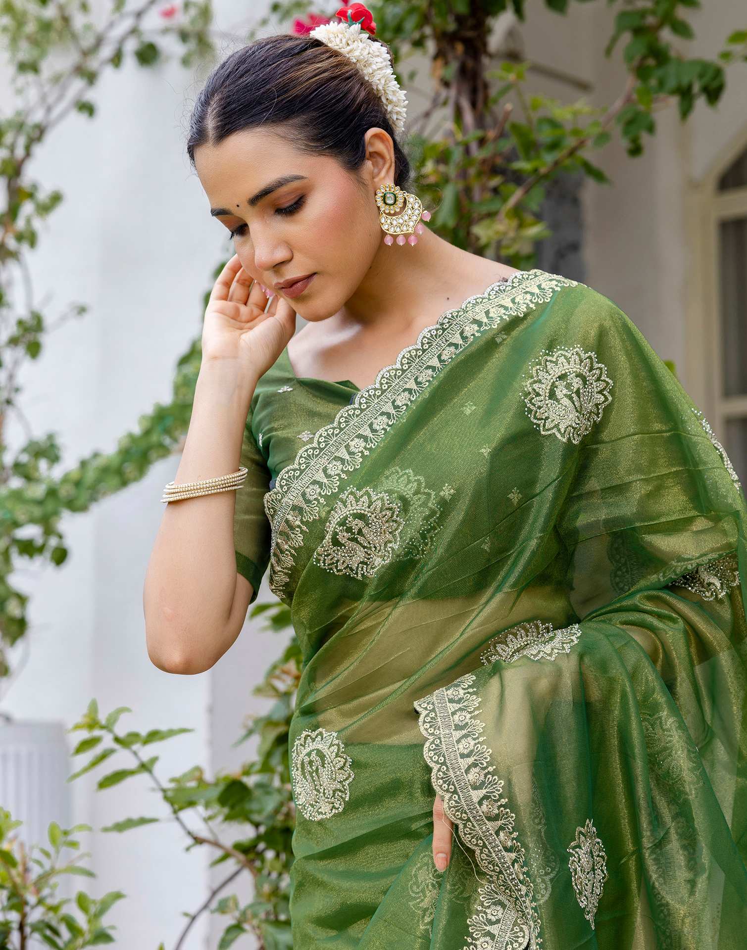 Mehandi Green Shimmer Embroidery Saree