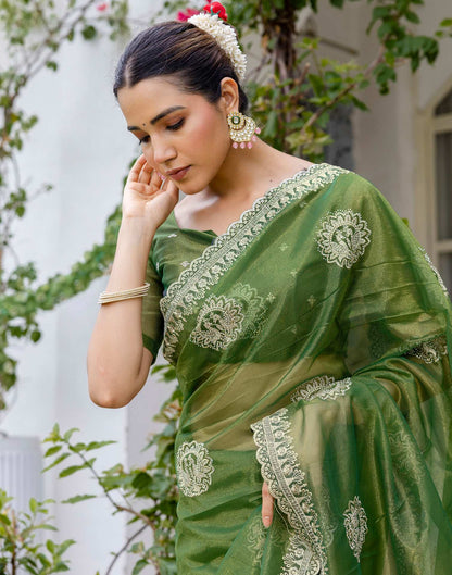 Mehandi Green Shimmer Embroidery Saree