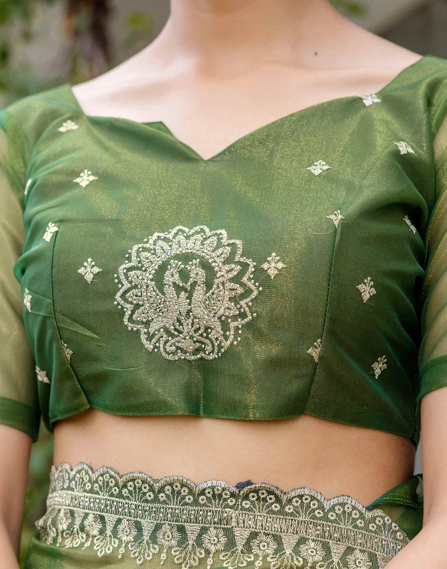 Mehandi Green Shimmer Embroidery Saree