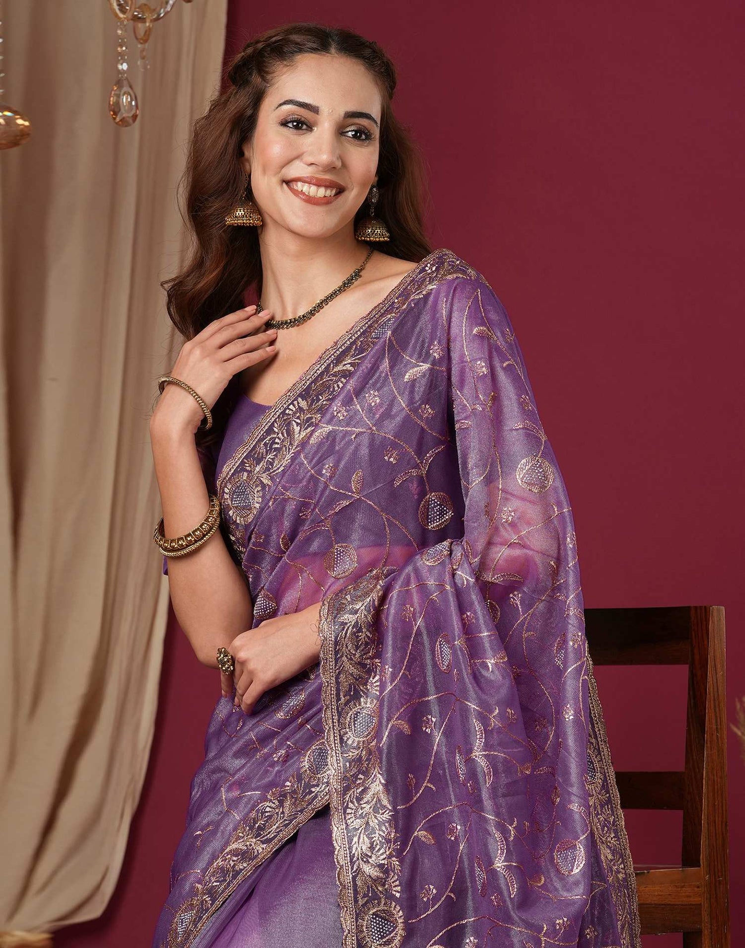 Purple Shimmer Embroidery Saree