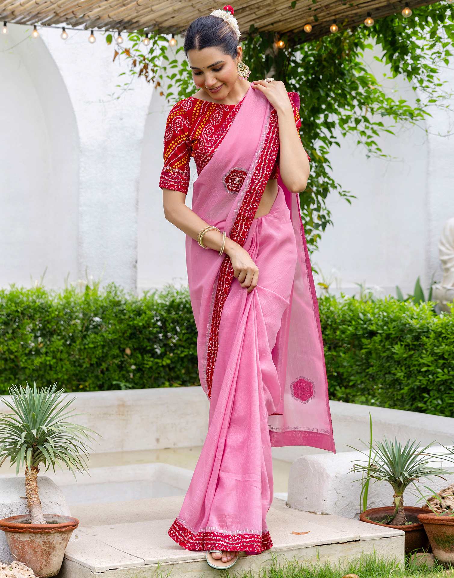 Pink Shimmer Lace Swarovski Saree