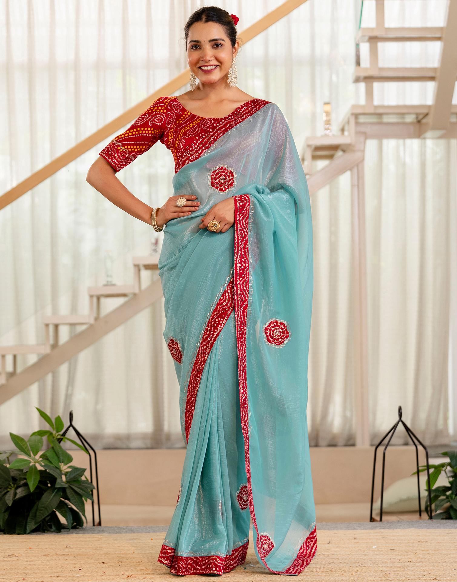 Sea Green Shimmer Lace Swarovski Saree