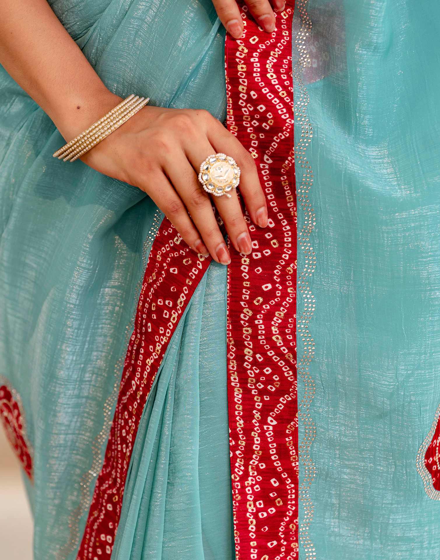 Sea Green Shimmer Lace Swarovski Saree