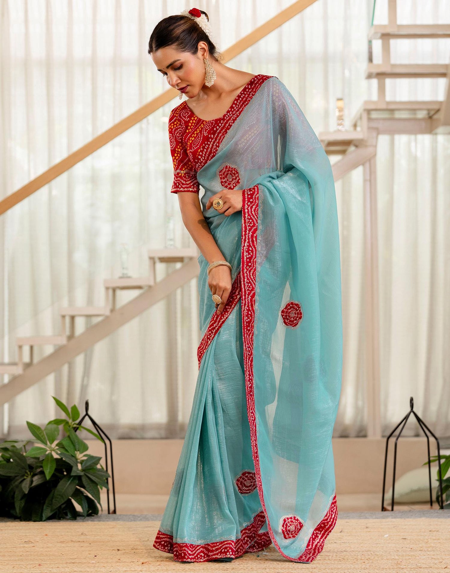 Sea Green Shimmer Lace Swarovski Saree