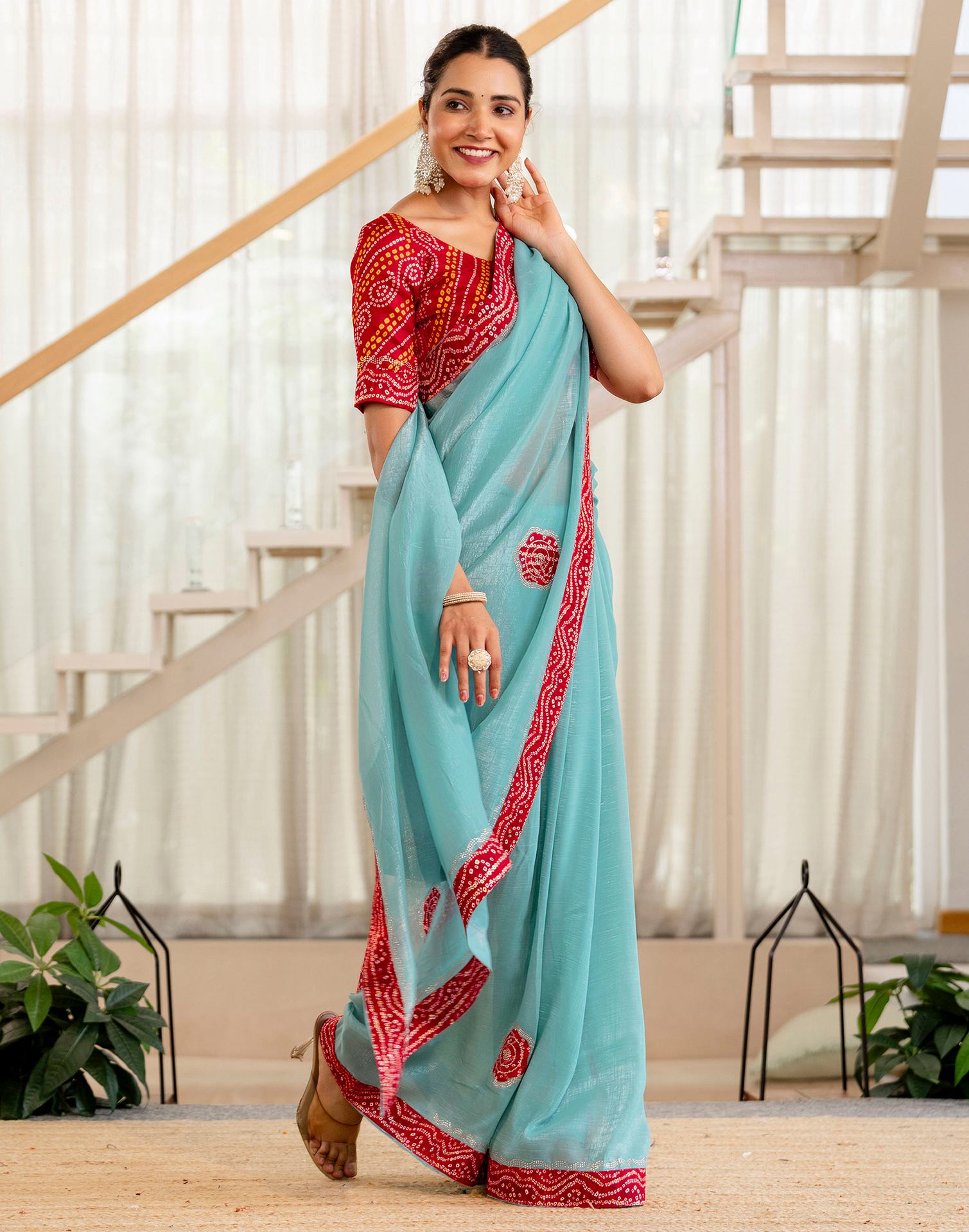 Sea Green Shimmer Lace Swarovski Saree