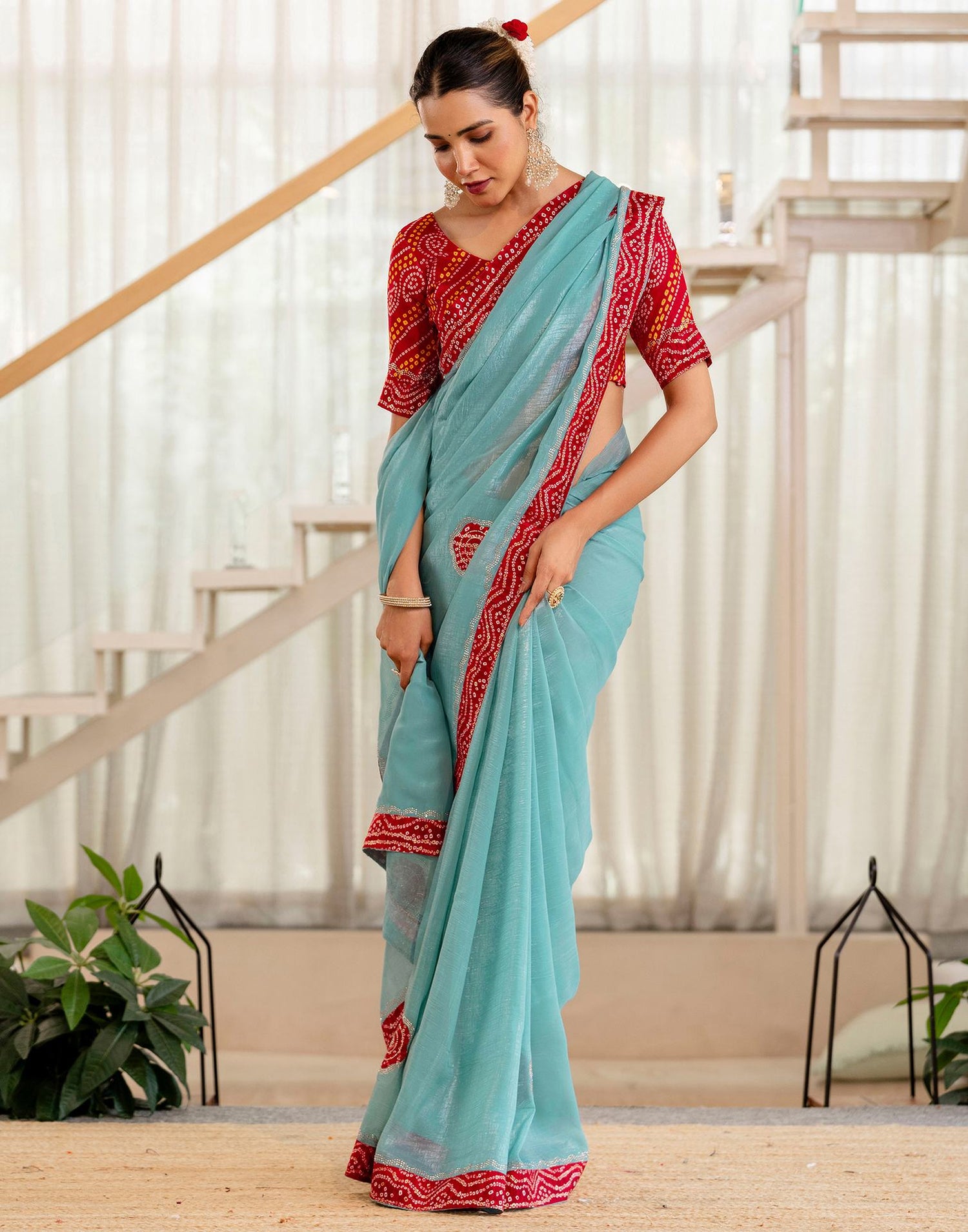Sea Green Shimmer Lace Swarovski Saree