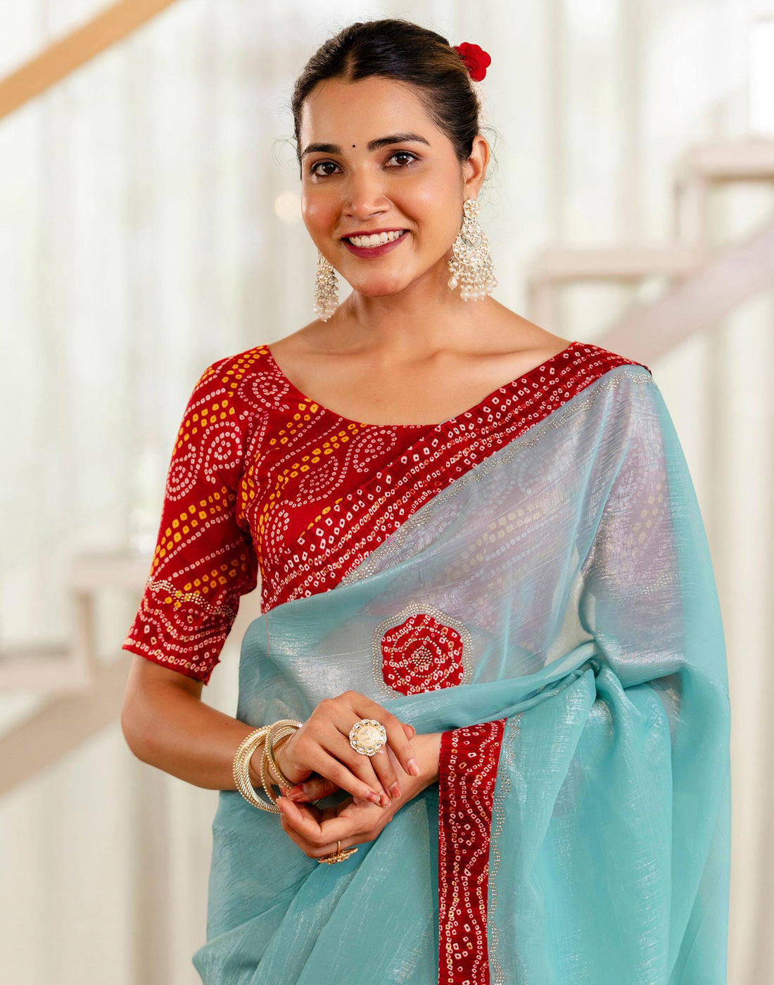 Sea Green Shimmer Lace Swarovski Saree