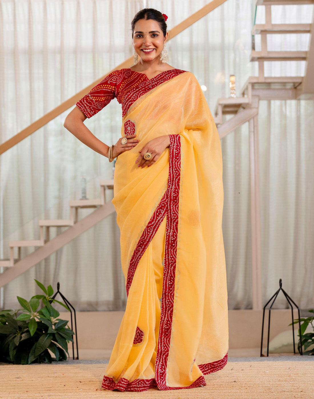 Light Yellow Shimmer Lace Swarovski Saree