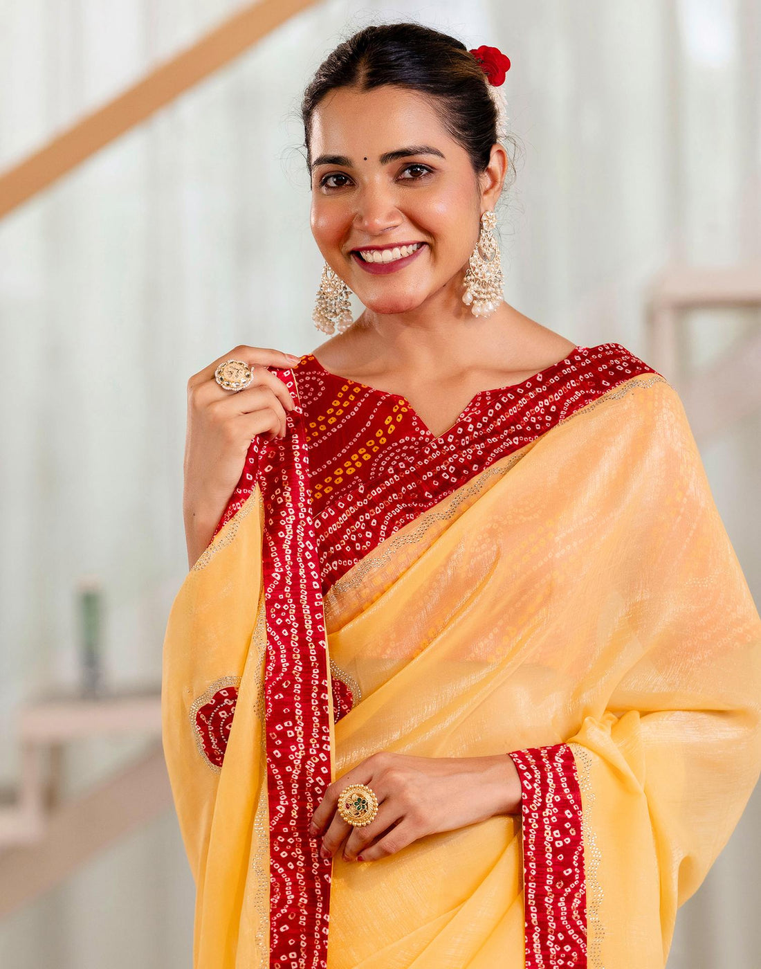 Light Yellow Shimmer Lace Swarovski Saree