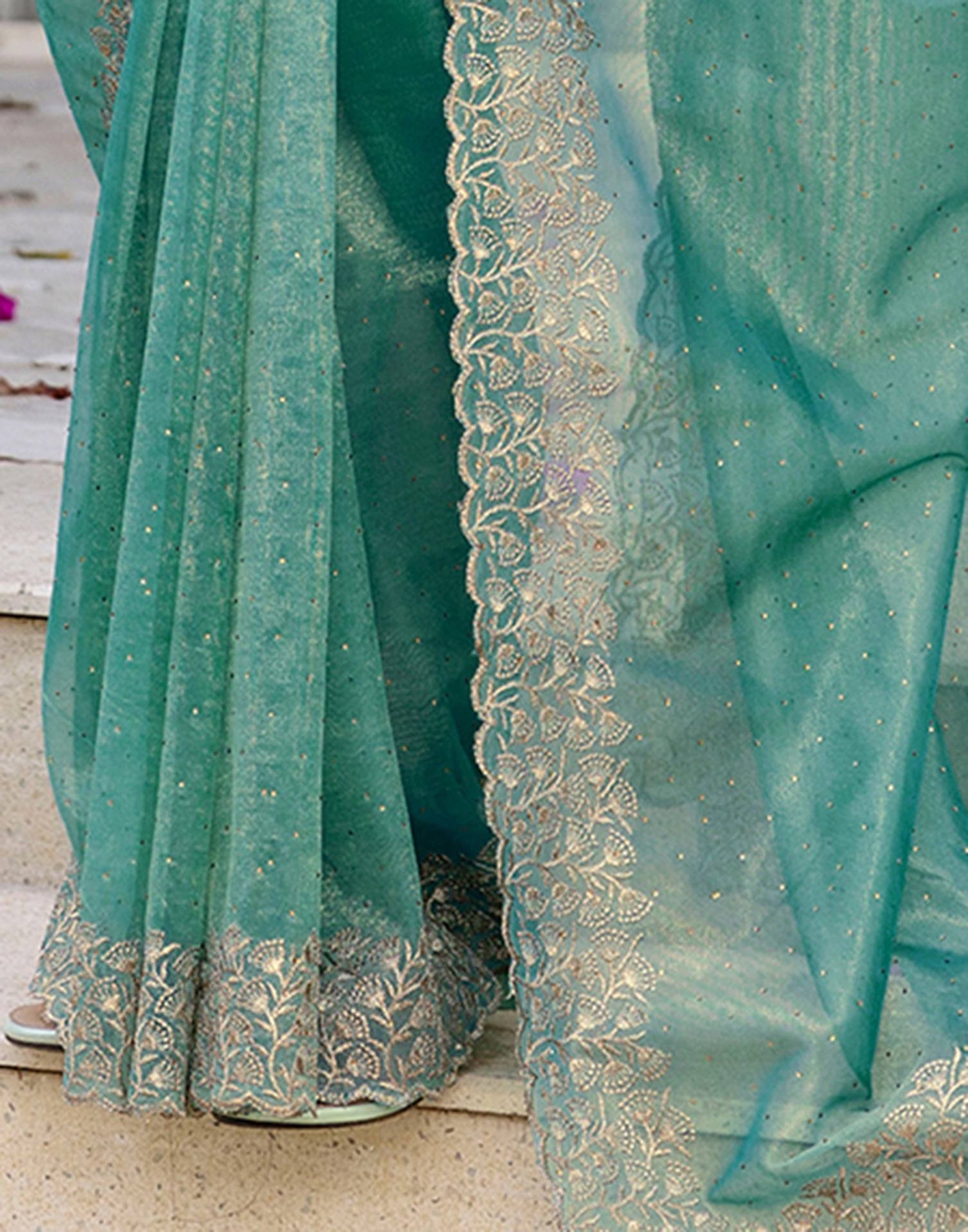 Teal Blue Shimmer Swarovski Saree