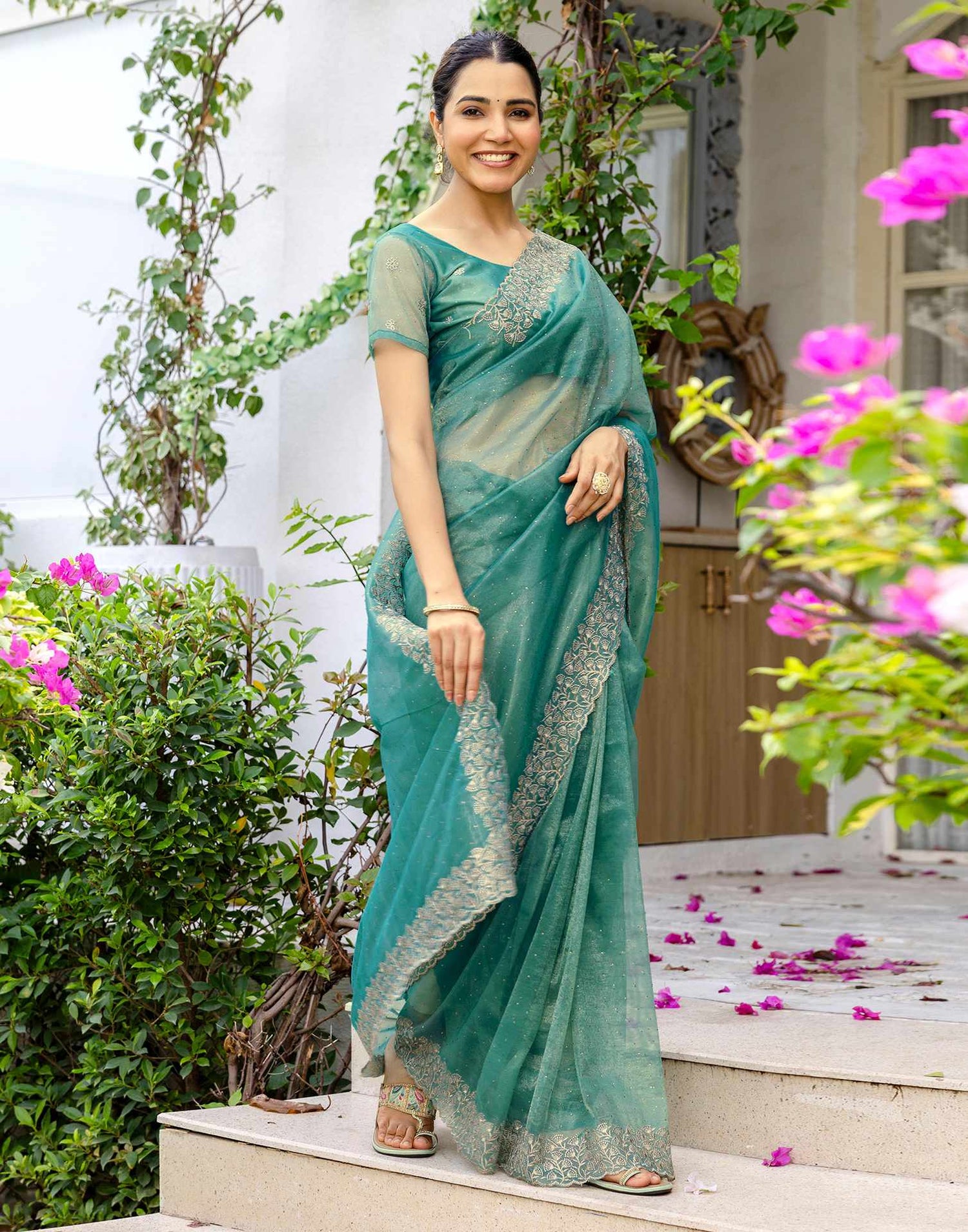 Teal Blue Shimmer Swarovski Saree