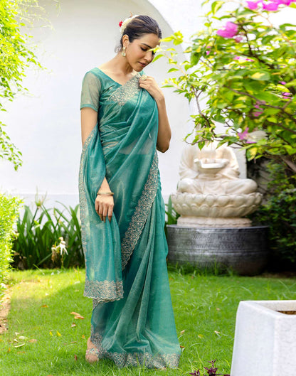 Teal Blue Shimmer Swarovski Saree