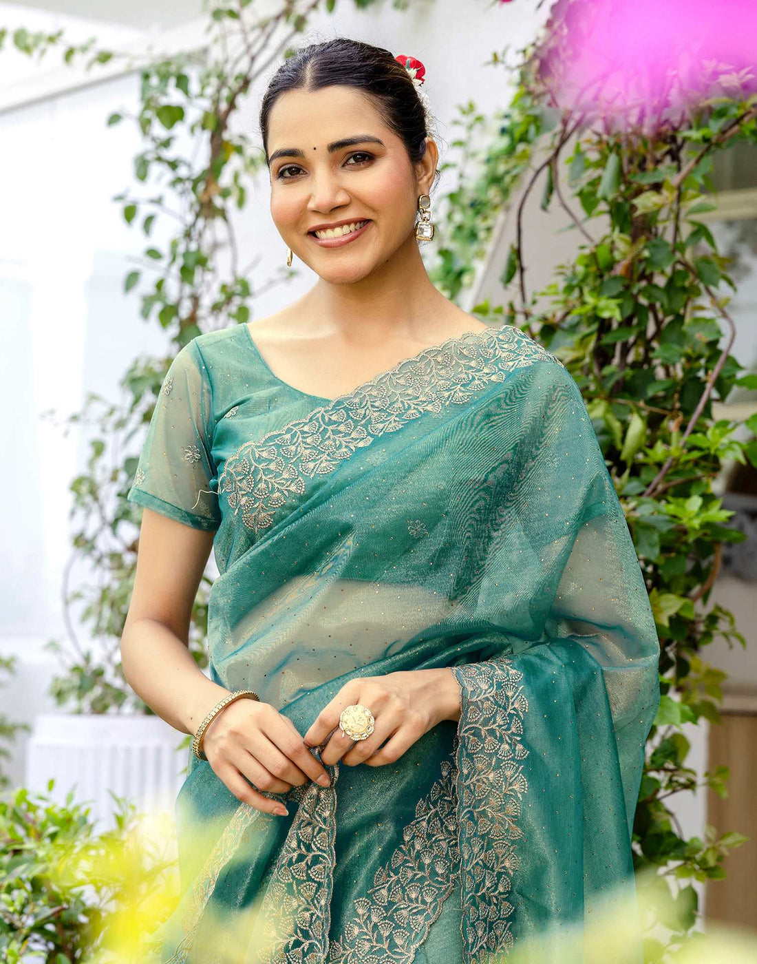 Teal Blue Shimmer Swarovski Saree