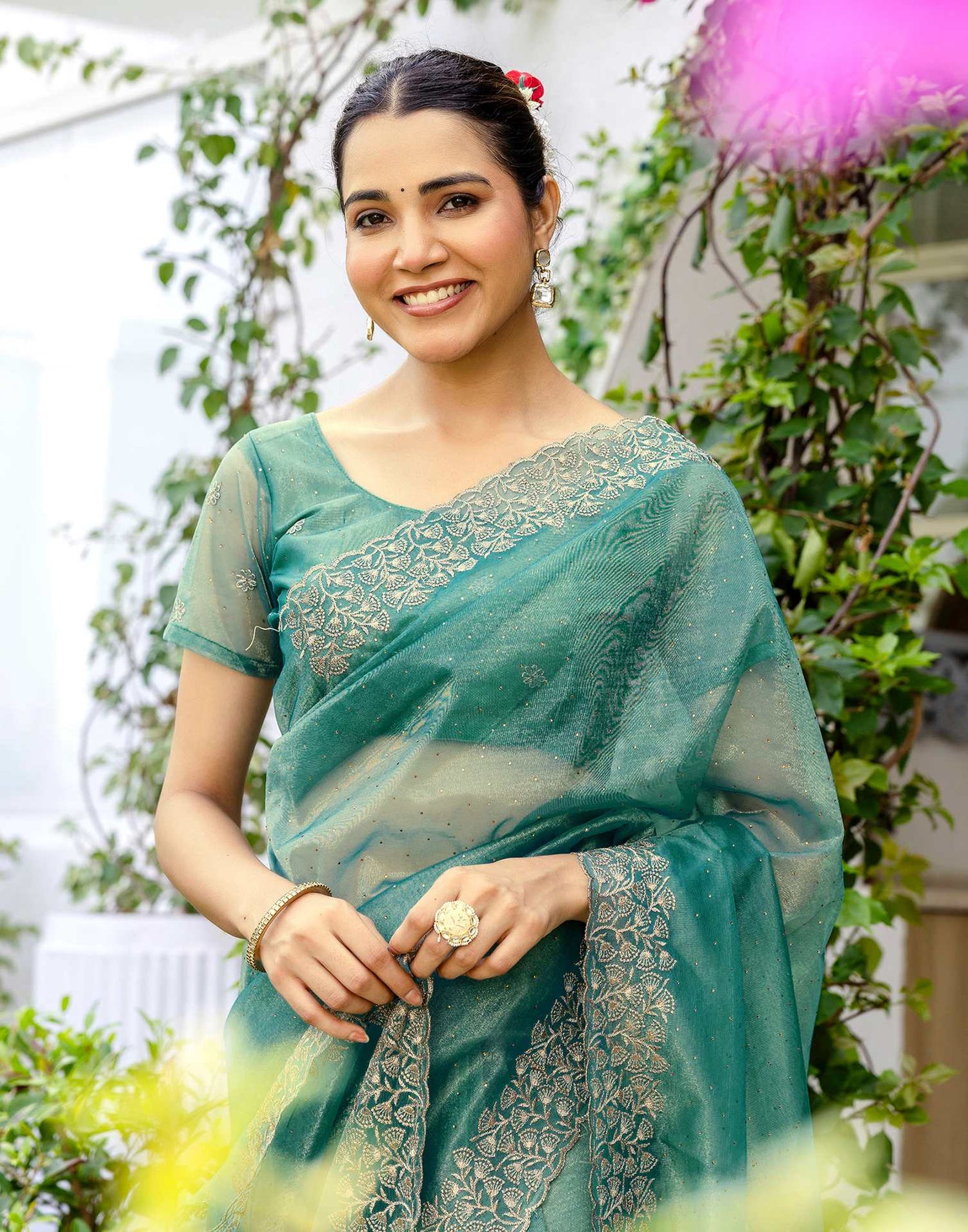 Teal Blue Shimmer Swarovski Saree