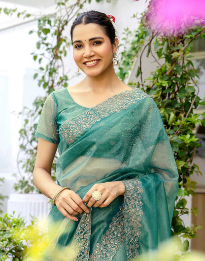 Teal Blue Shimmer Swarovski Saree