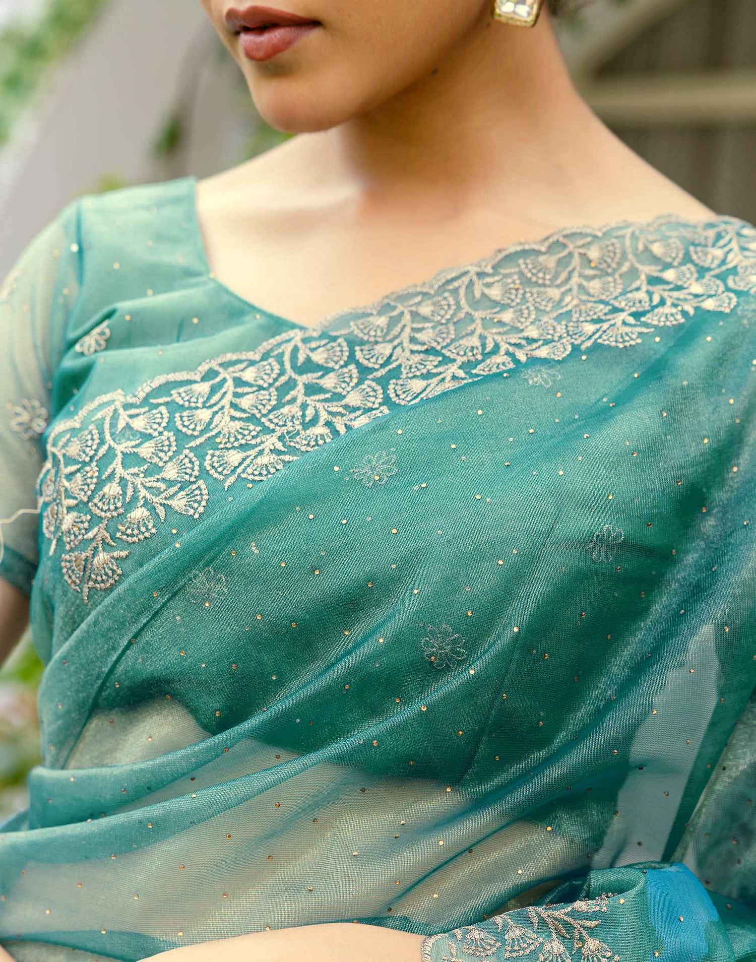 Teal Blue Shimmer Swarovski Saree