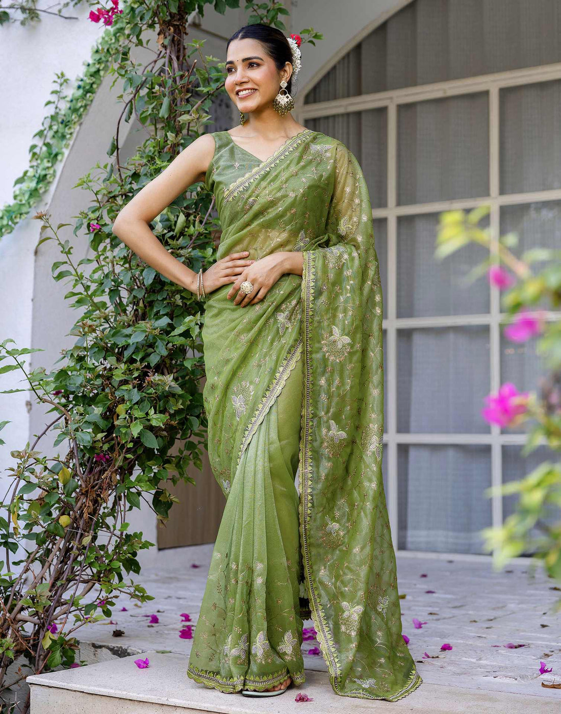 Mehandi Green Shimmer Embroidery Saree