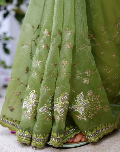 Mehandi Green Shimmer Embroidery Saree