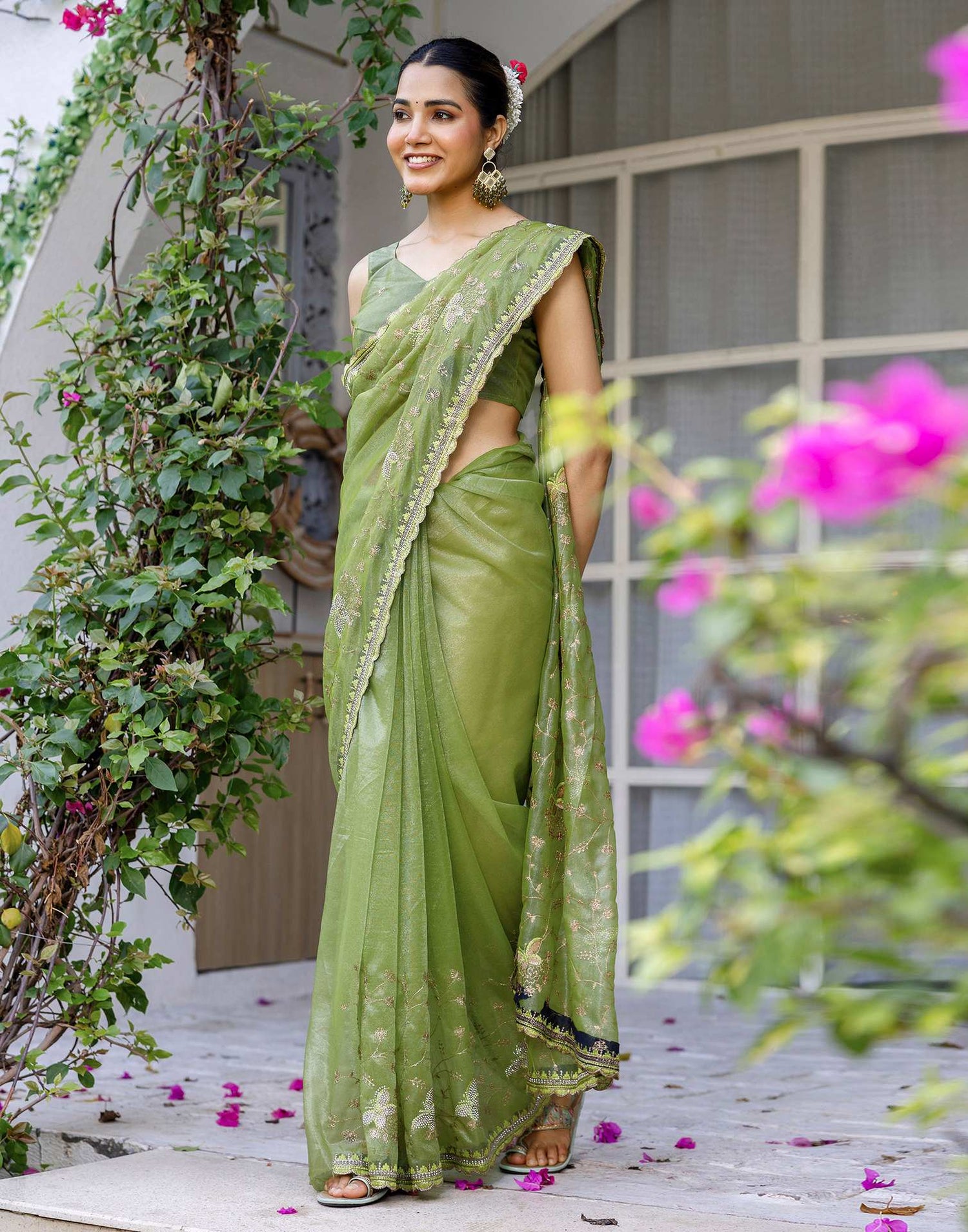 Mehandi Green Shimmer Embroidery Saree