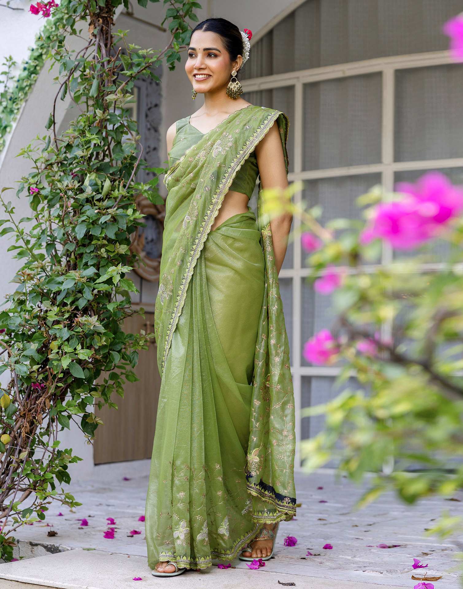 Mehandi Green Shimmer Embroidery Saree