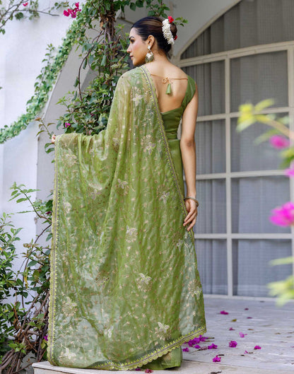 Mehandi Green Shimmer Embroidery Saree
