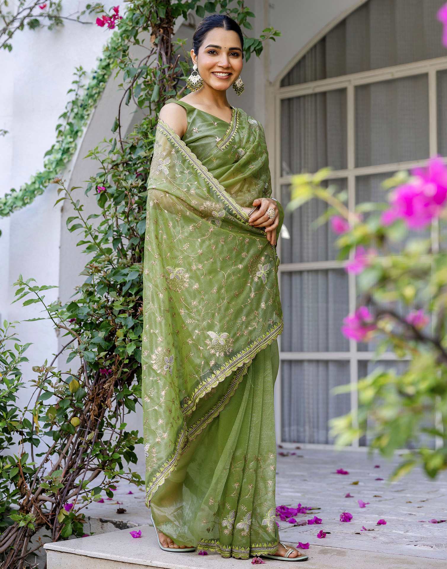 Mehandi Green Shimmer Embroidery Saree