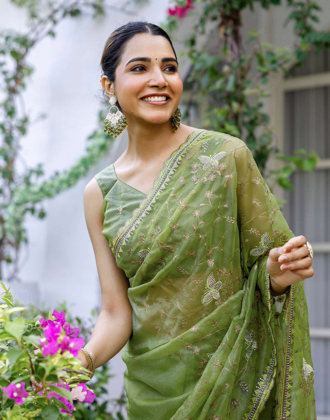 Mehandi Green Shimmer Embroidery Saree