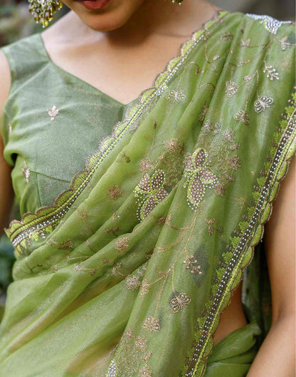 Mehandi Green Shimmer Embroidery Saree