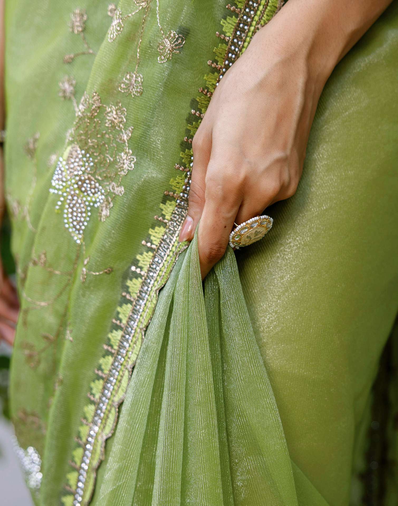 Mehandi Green Shimmer Embroidery Saree