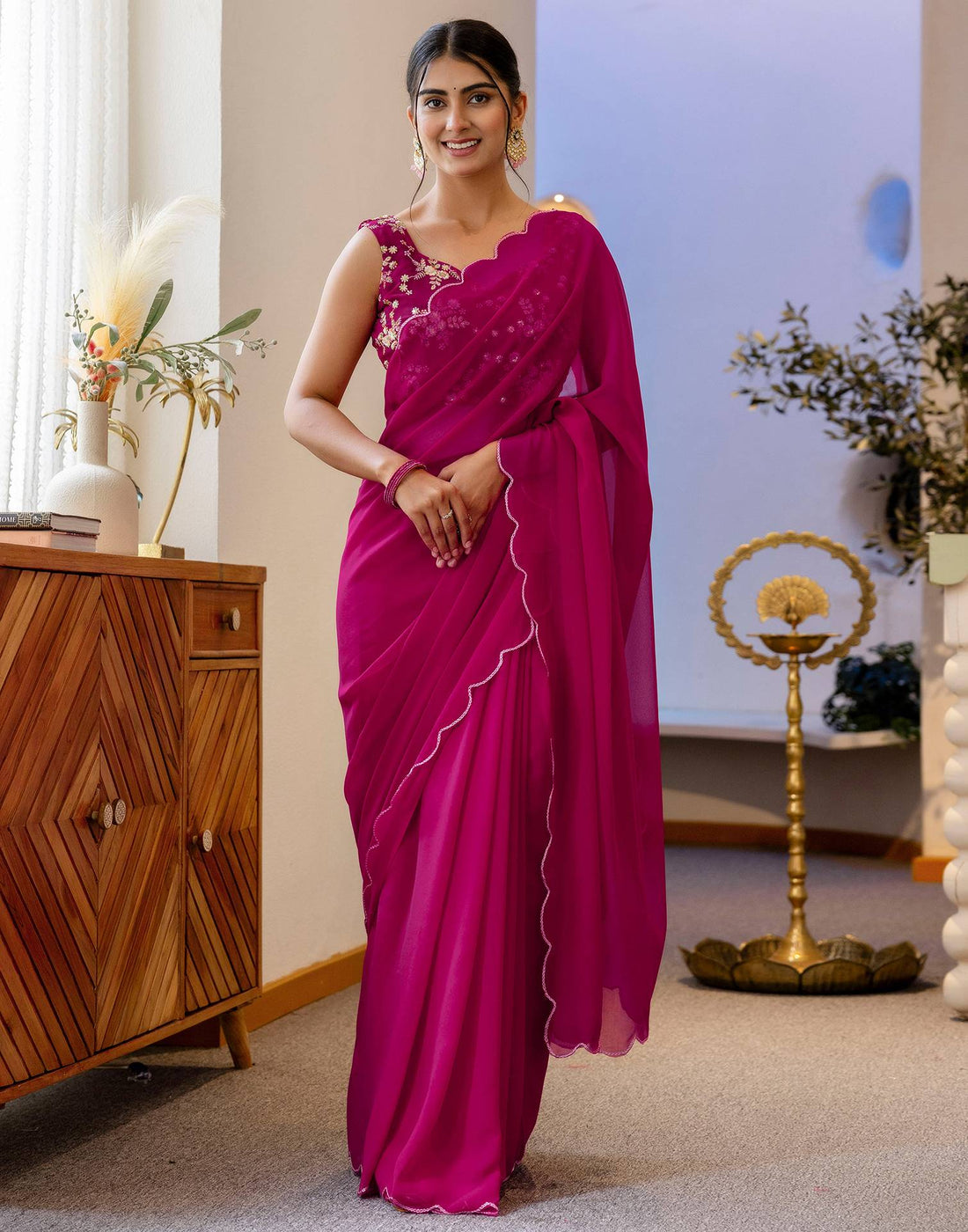 Rani Pink Georgette Dyed Plain Saree