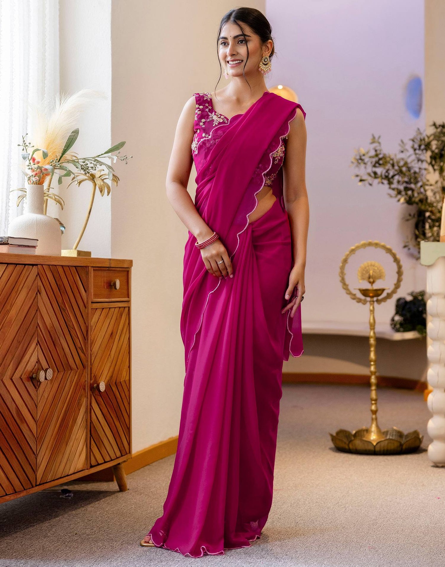 Rani Pink Georgette Dyed Plain Saree