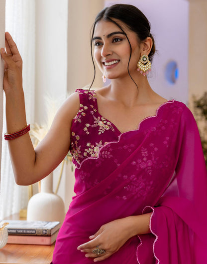 Rani Pink Georgette Dyed Plain Saree