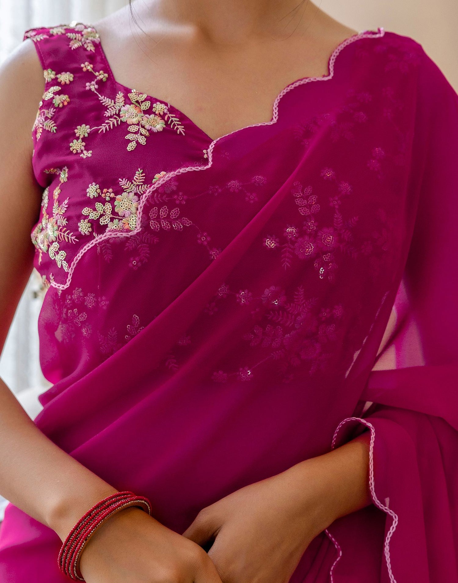 Rani Pink Georgette Dyed Plain Saree