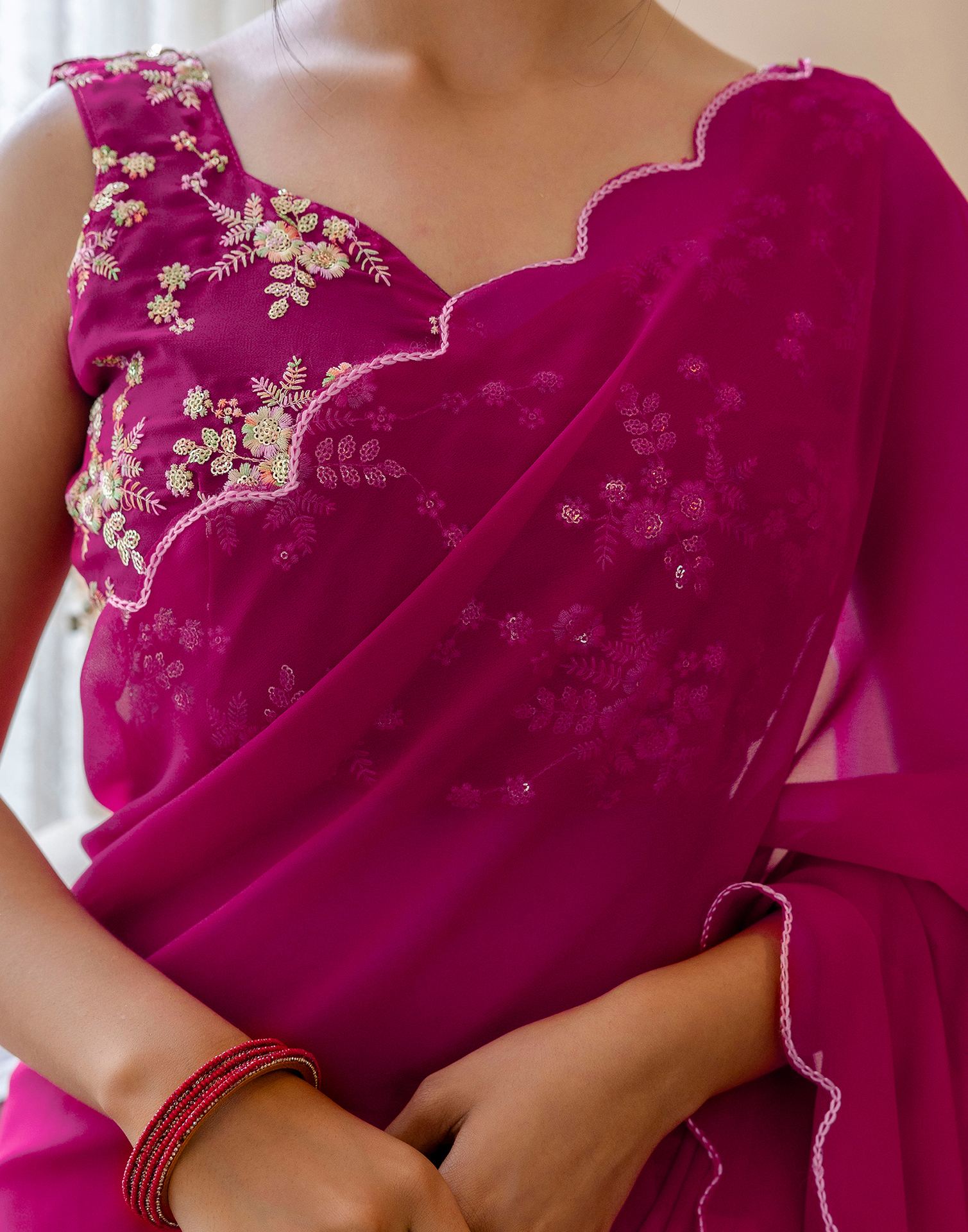 Rani Pink Georgette Dyed Plain Saree