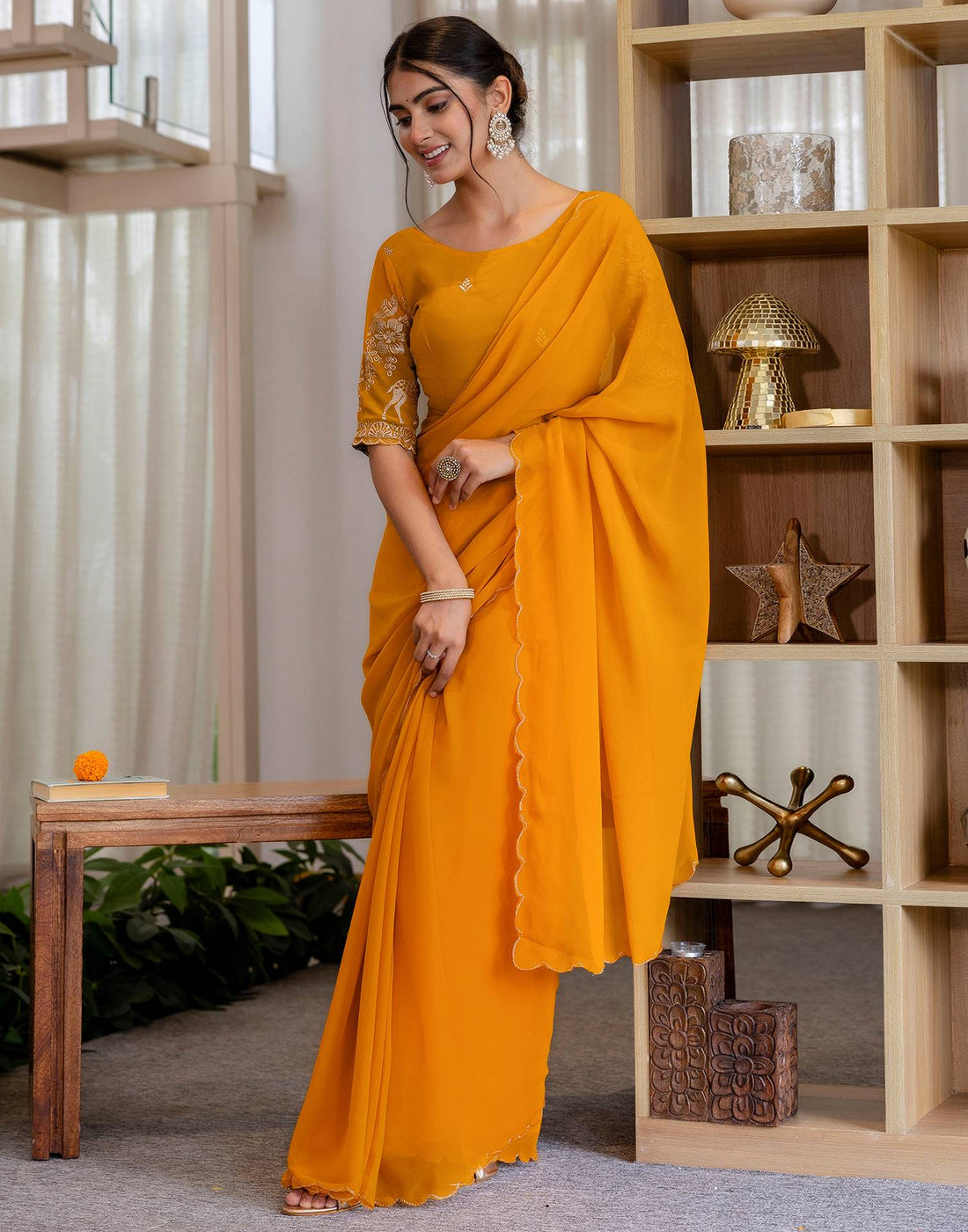 Mustard Yellow Georgette Dyed Plain Saree