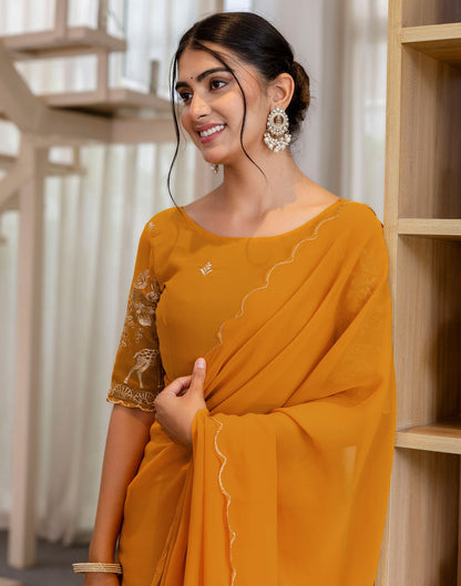 Mustard Yellow Georgette Dyed Plain Saree