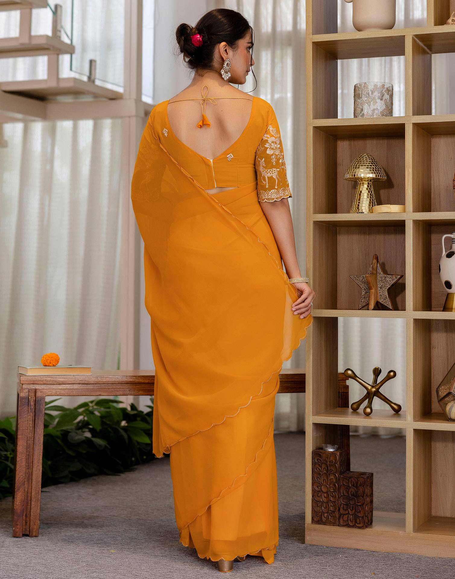 Mustard Yellow Georgette Dyed Plain Saree