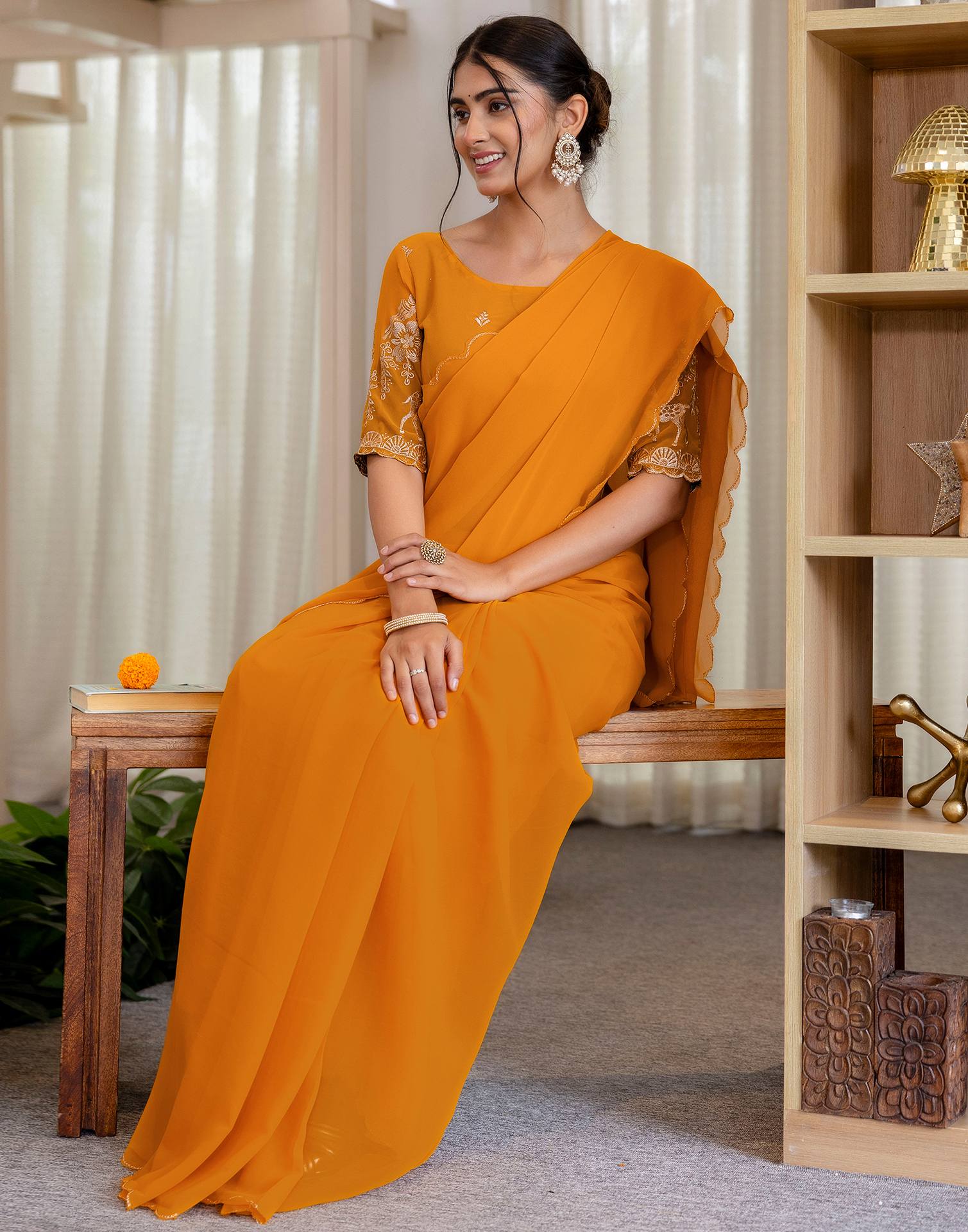 Mustard Yellow Georgette Dyed Plain Saree