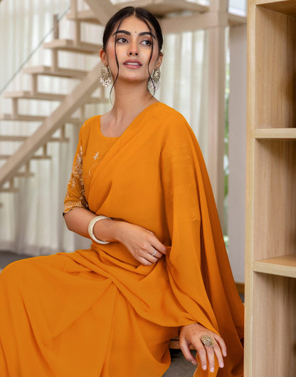 Mustard Yellow Georgette Dyed Plain Saree