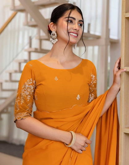 Mustard Yellow Georgette Dyed Plain Saree