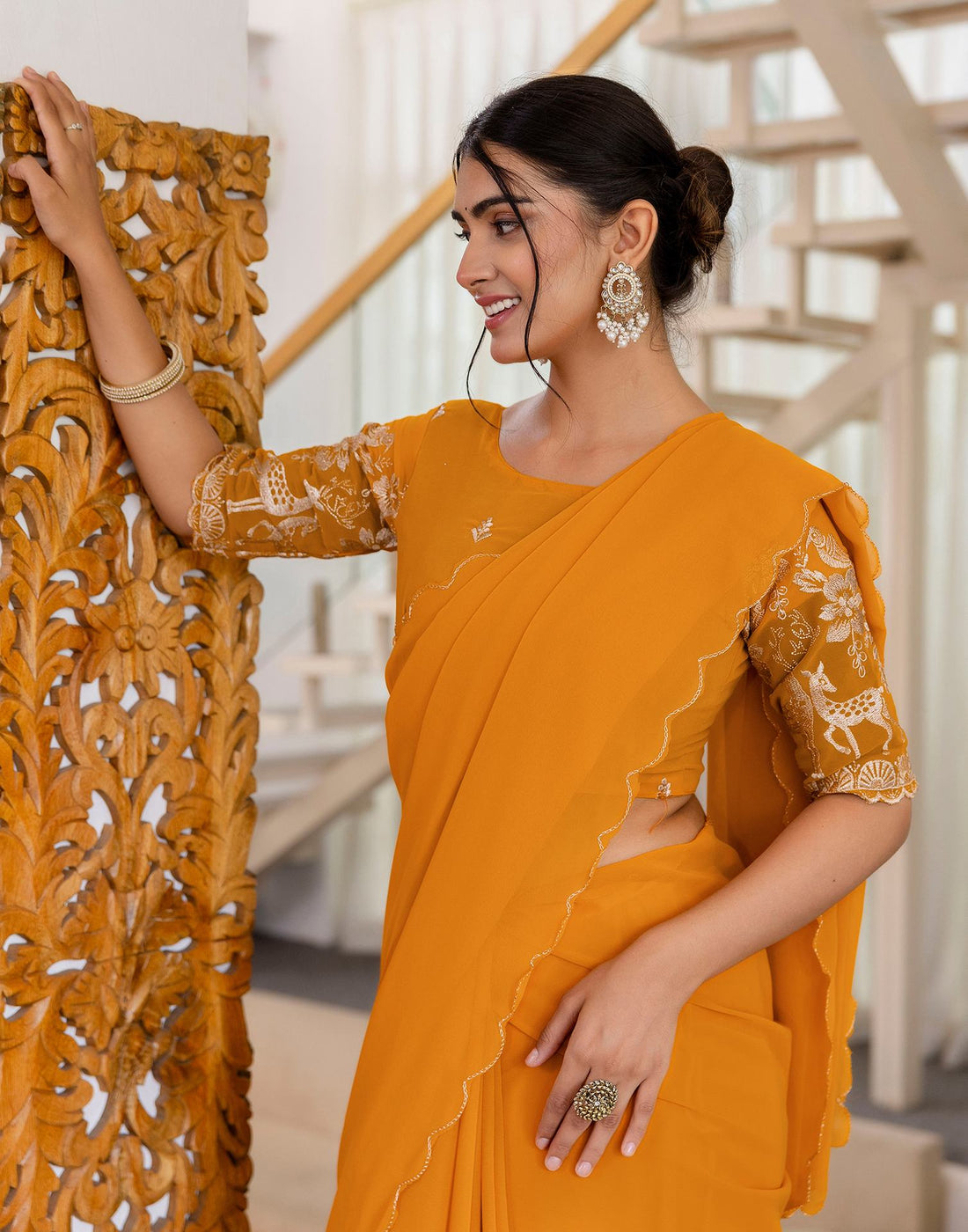 Mustard Yellow Georgette Dyed Plain Saree