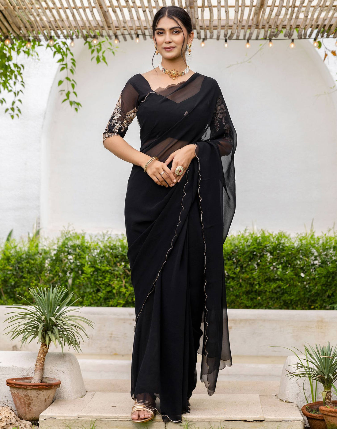 Black Georgette Dyed Plain Saree