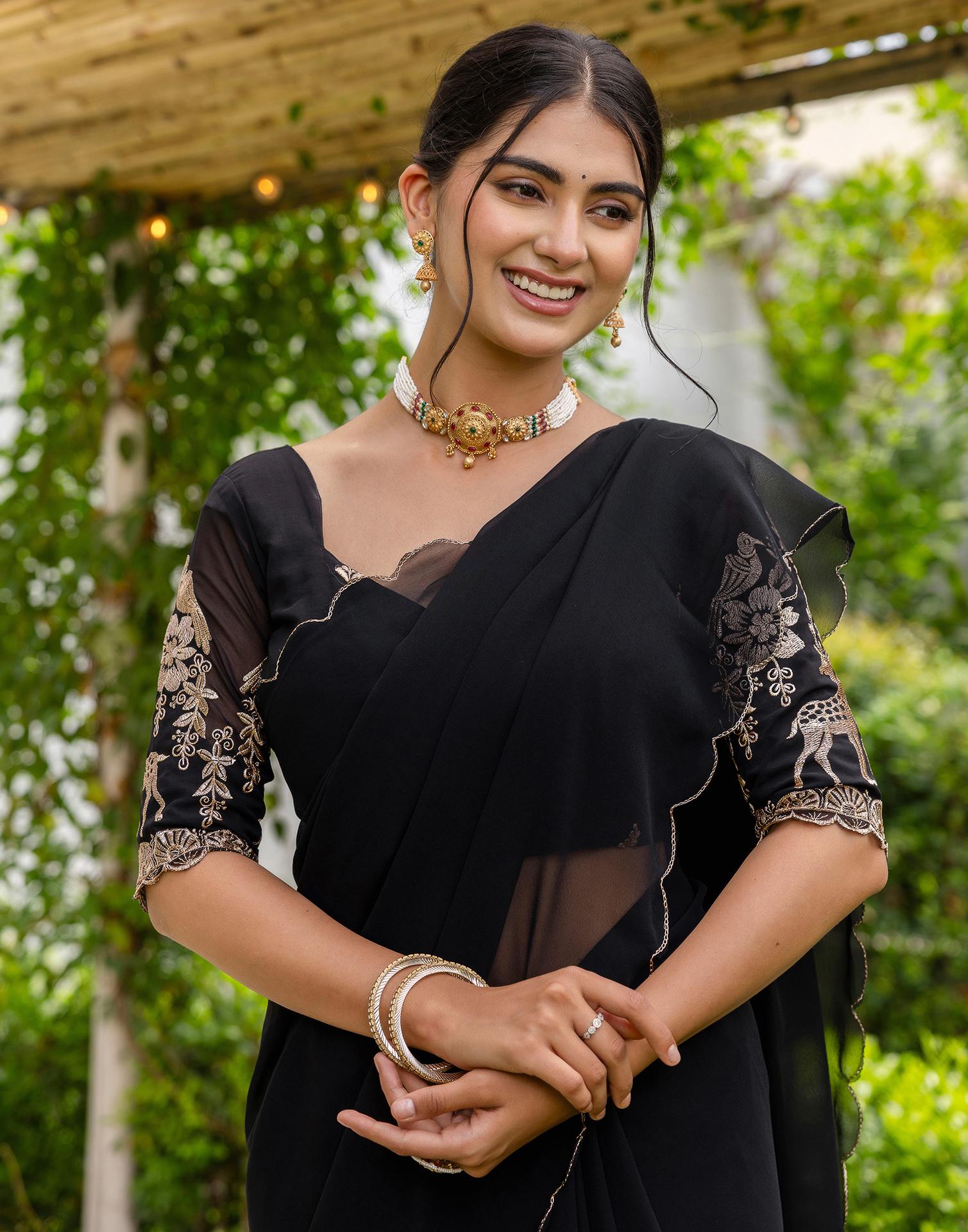 Black Georgette Dyed Plain Saree