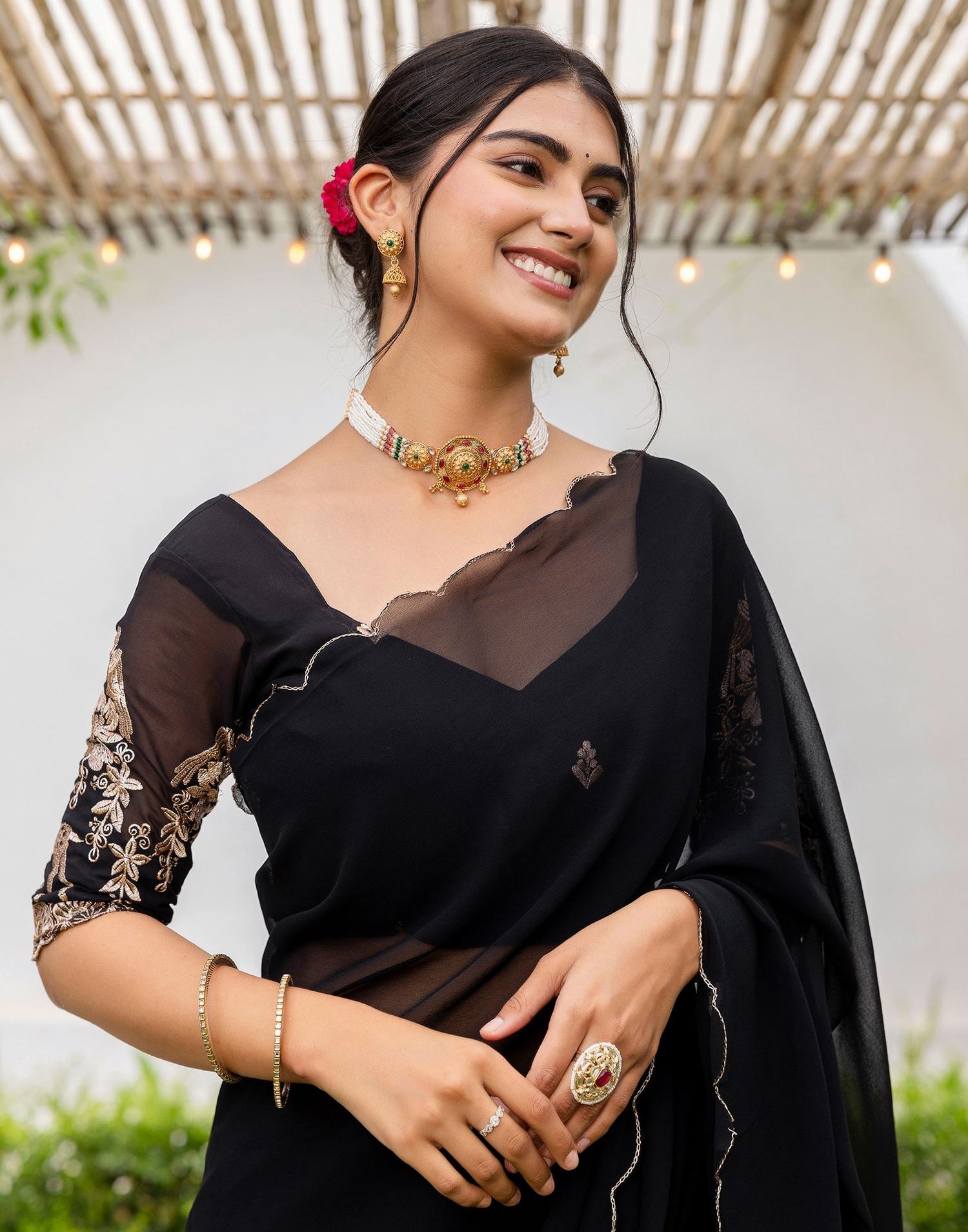 Black Georgette Dyed Plain Saree