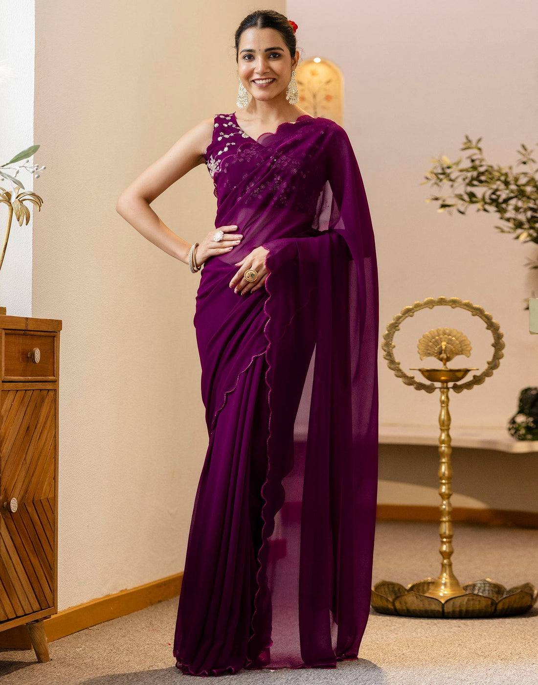 Wine Georgette Dyed Plain Saree