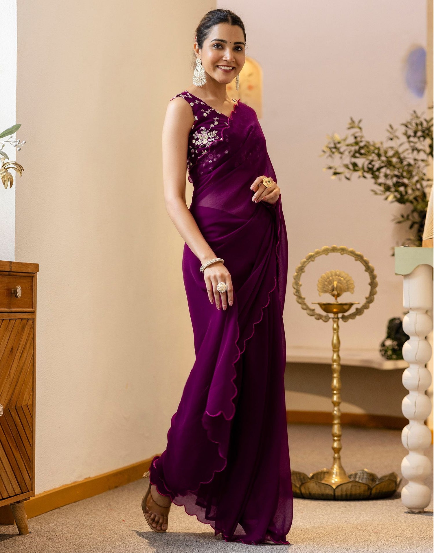 Wine Georgette Dyed Plain Saree