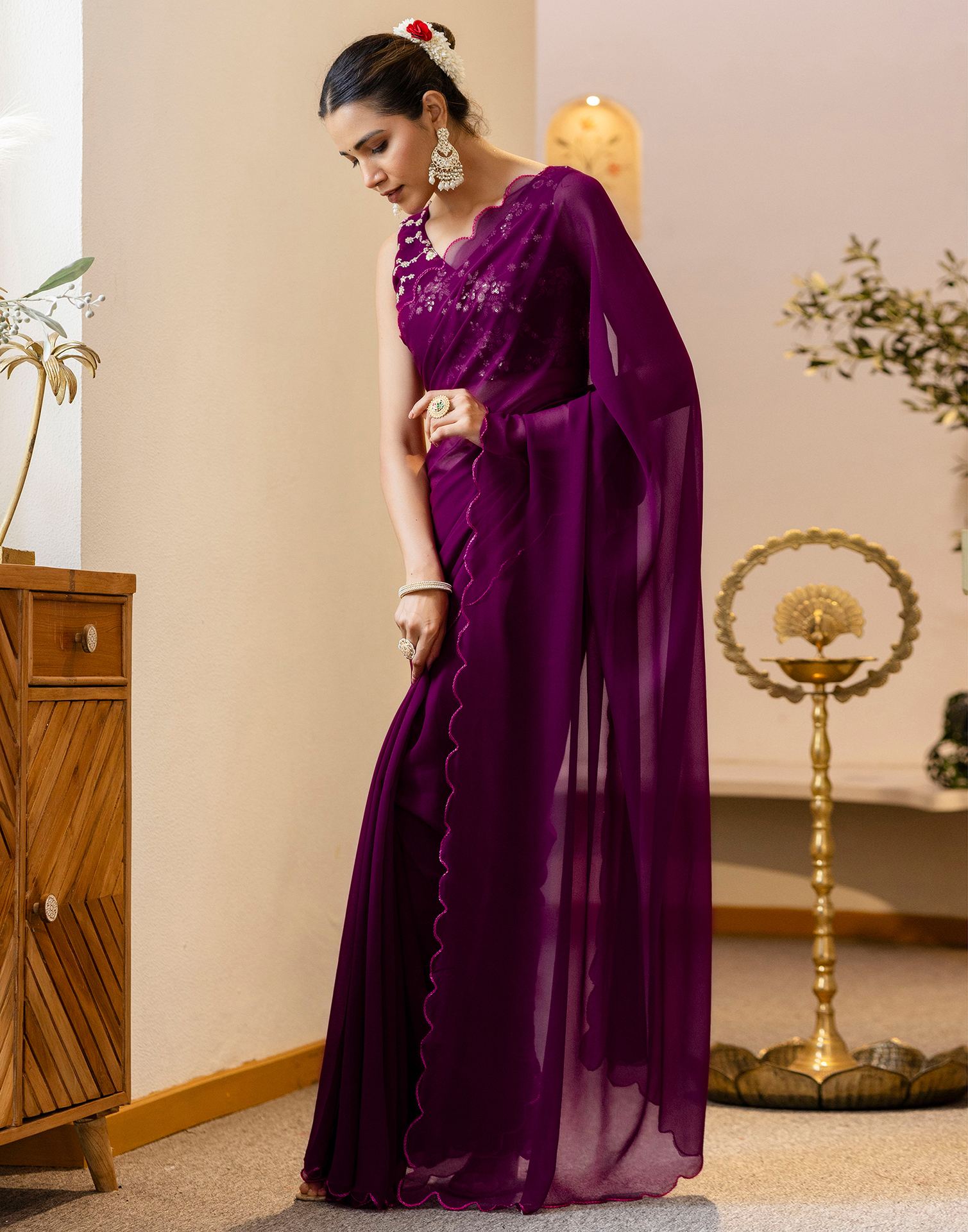 Wine Georgette Dyed Plain Saree