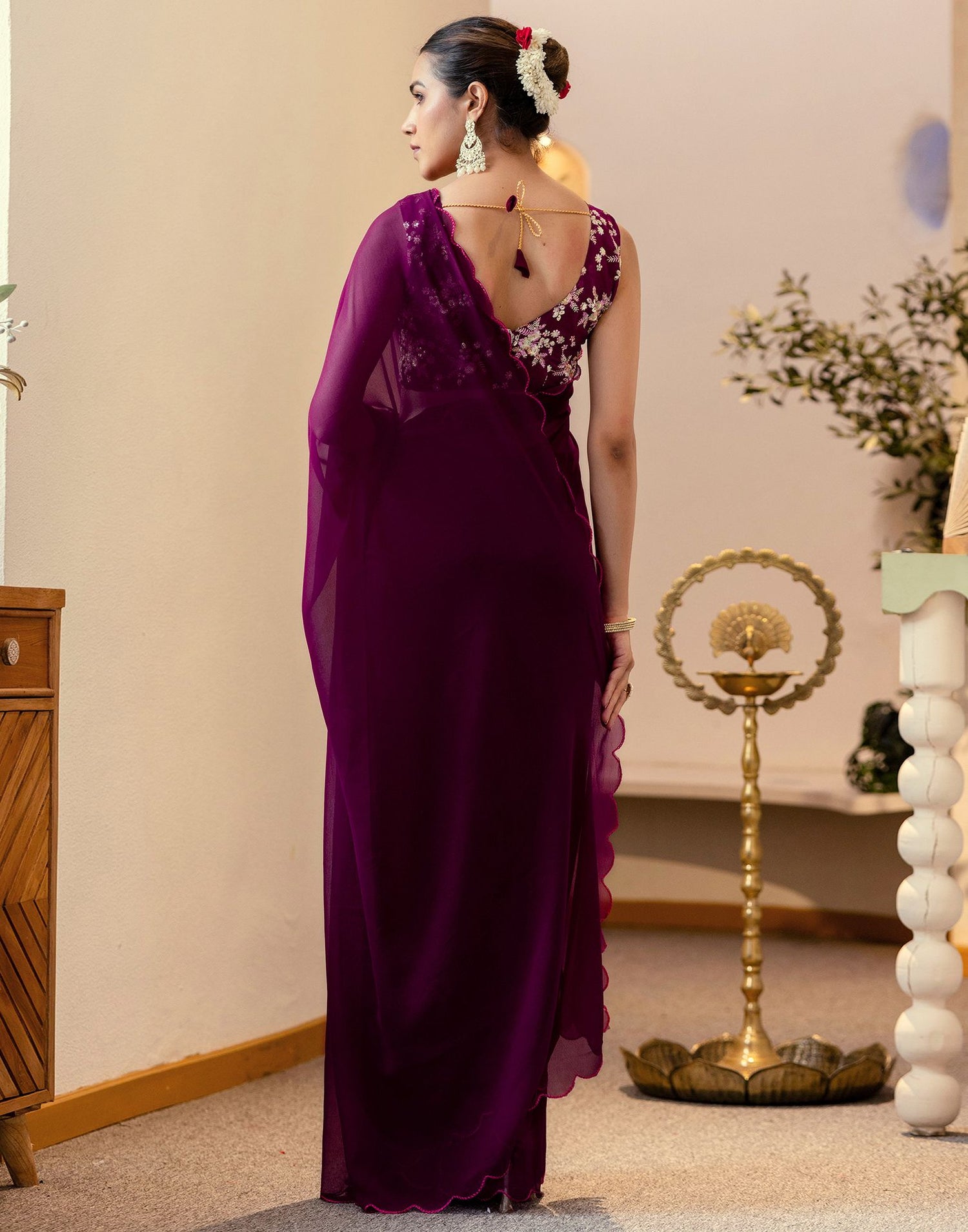 Wine Georgette Dyed Plain Saree