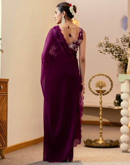 Wine Georgette Dyed Plain Saree