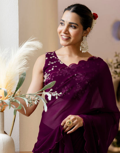 Wine Georgette Dyed Plain Saree